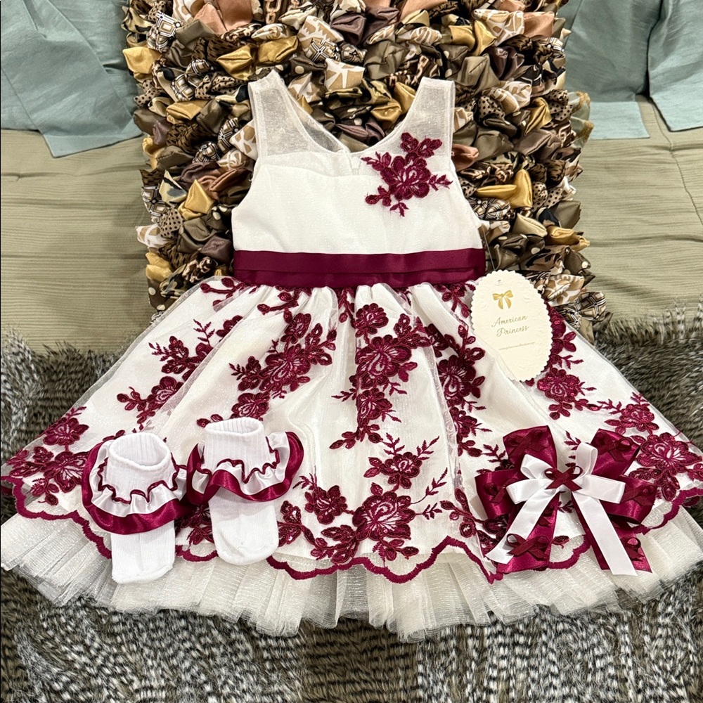 American Princess kids dress size 2T & socks & bow maroon color price is firm